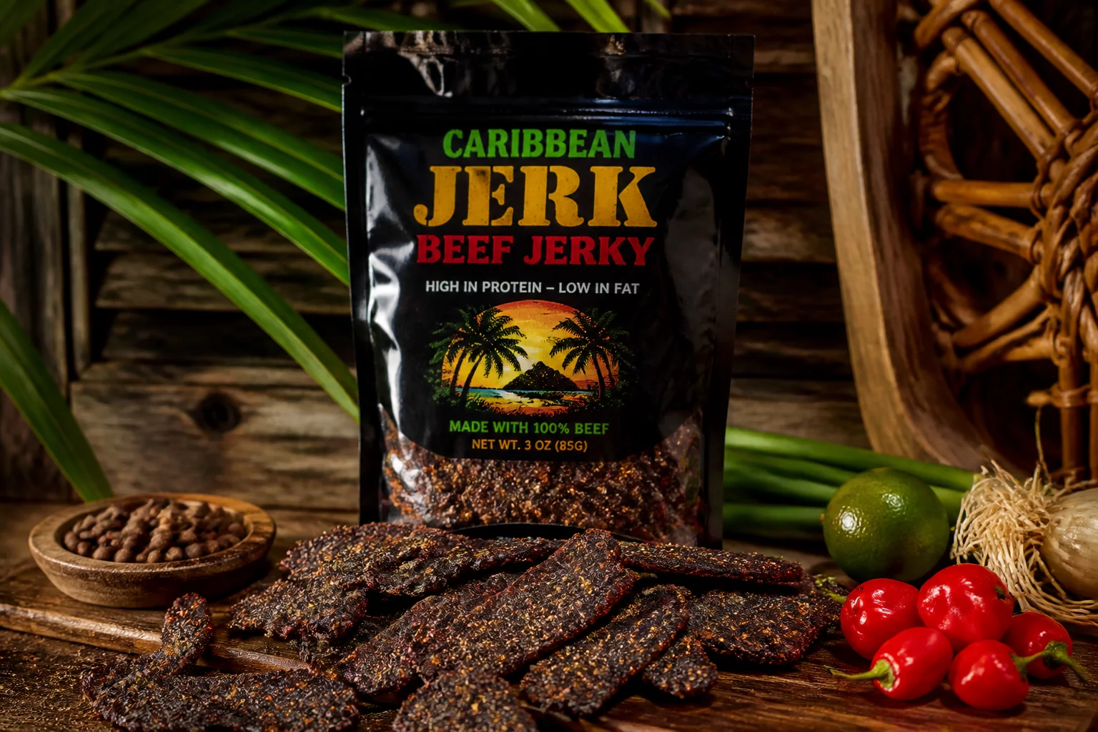 Caribbean Jerk Beef Jerky infused with allspice and Scotch bonnet