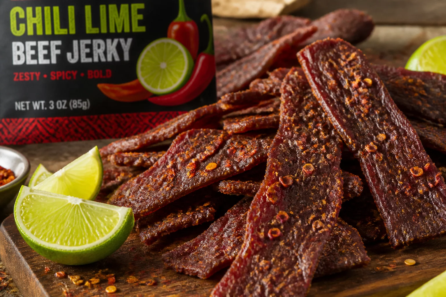 Chili Lime Beef Jerky seasoned with Tajin style spices and fresh lime