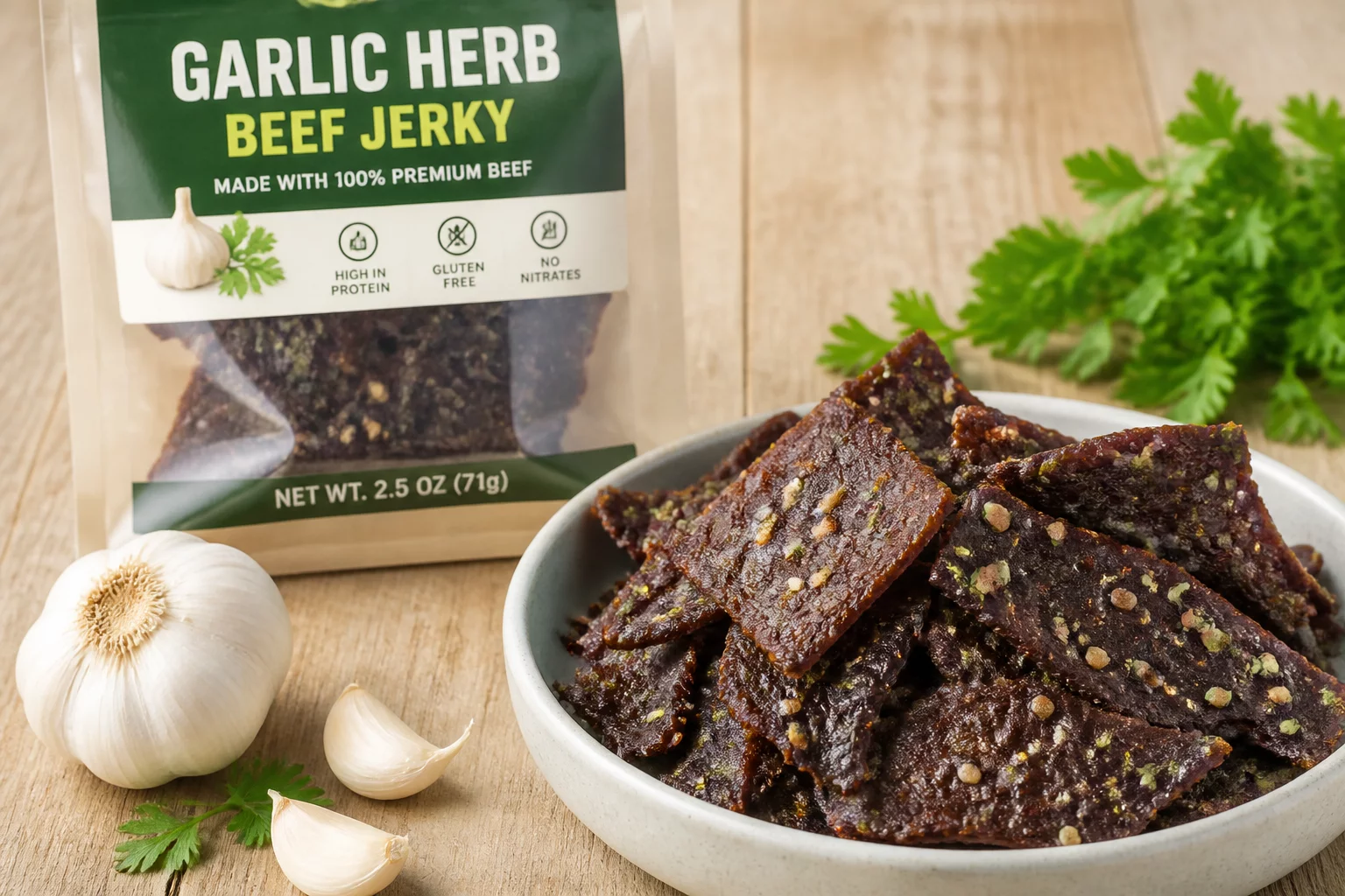 Garlic Herb Beef Jerky sprinkled with fresh oregano and thyme