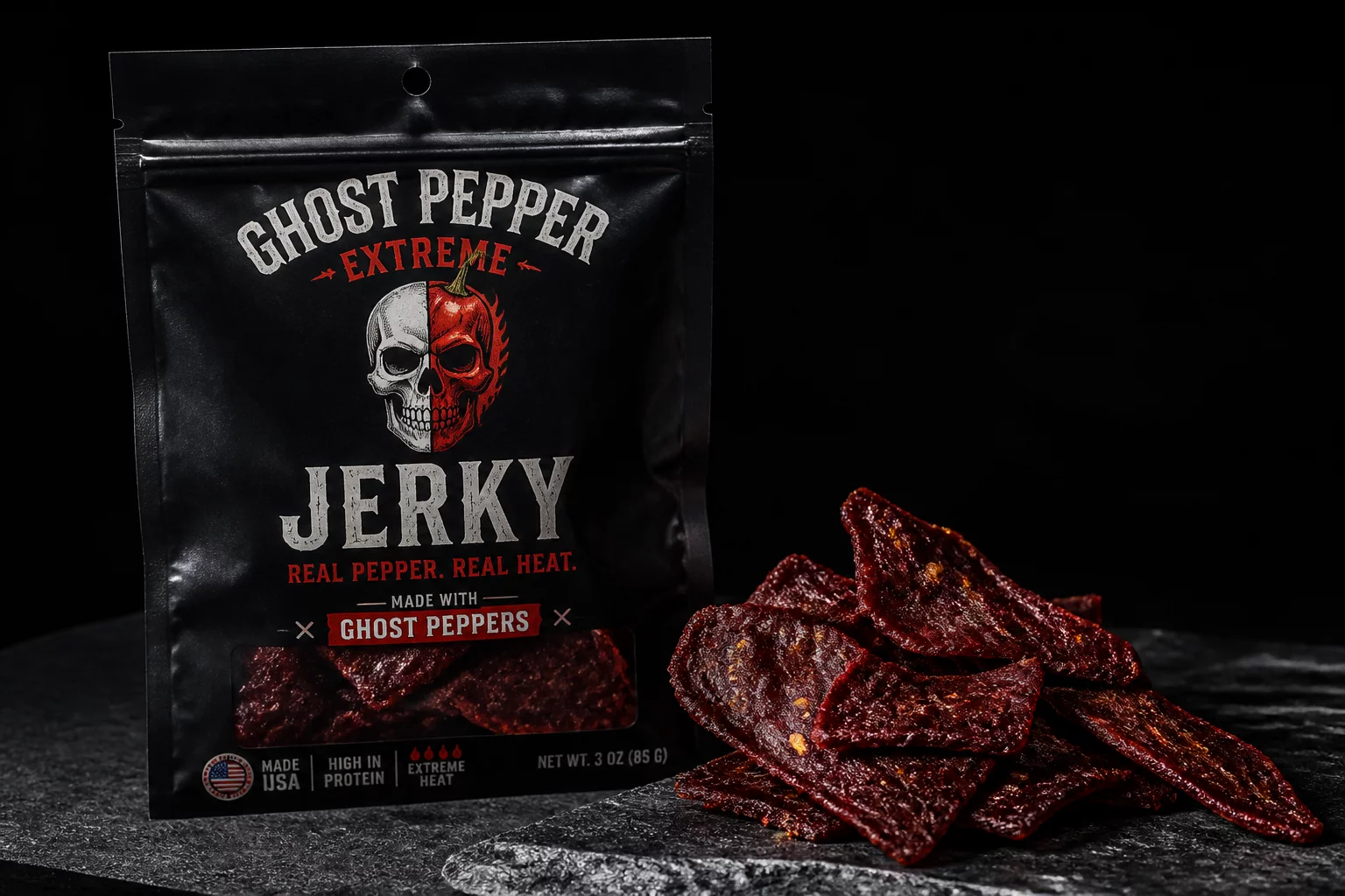 Ghost Pepper Extreme Jerky seasoned with pure Bhut Jolokia chillies