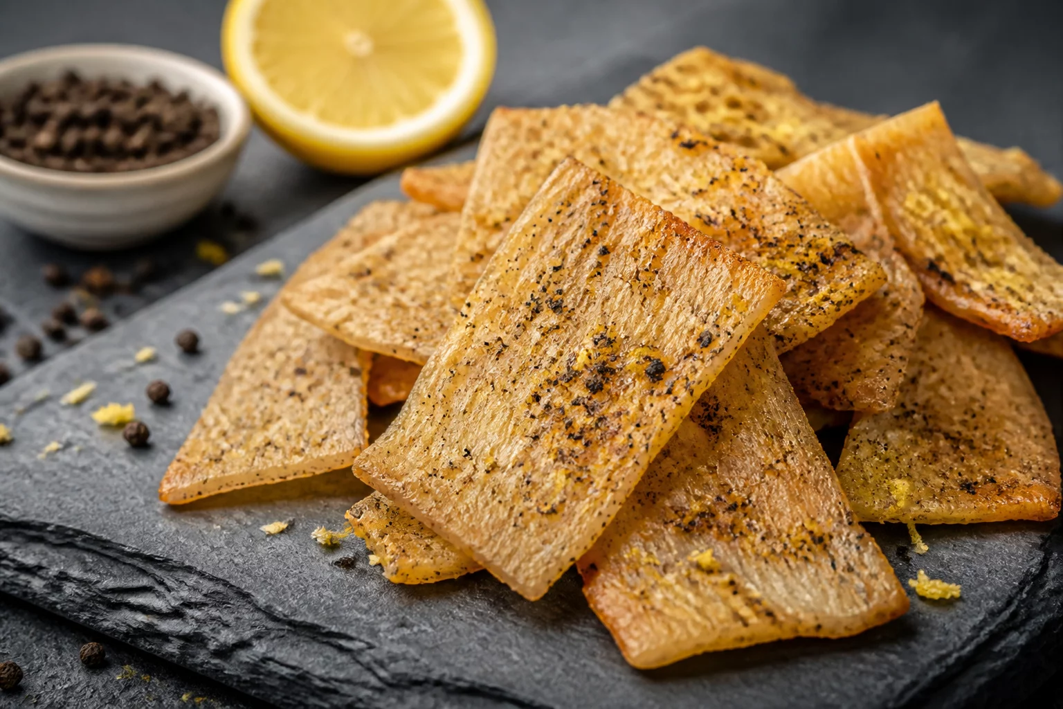 Lemon Pepper Jerky with cracked black pepper and sun-dried lemon zest