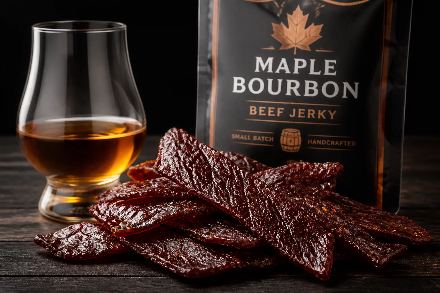 Maple Bourbon Jerky cured with aged oak barrel syrup