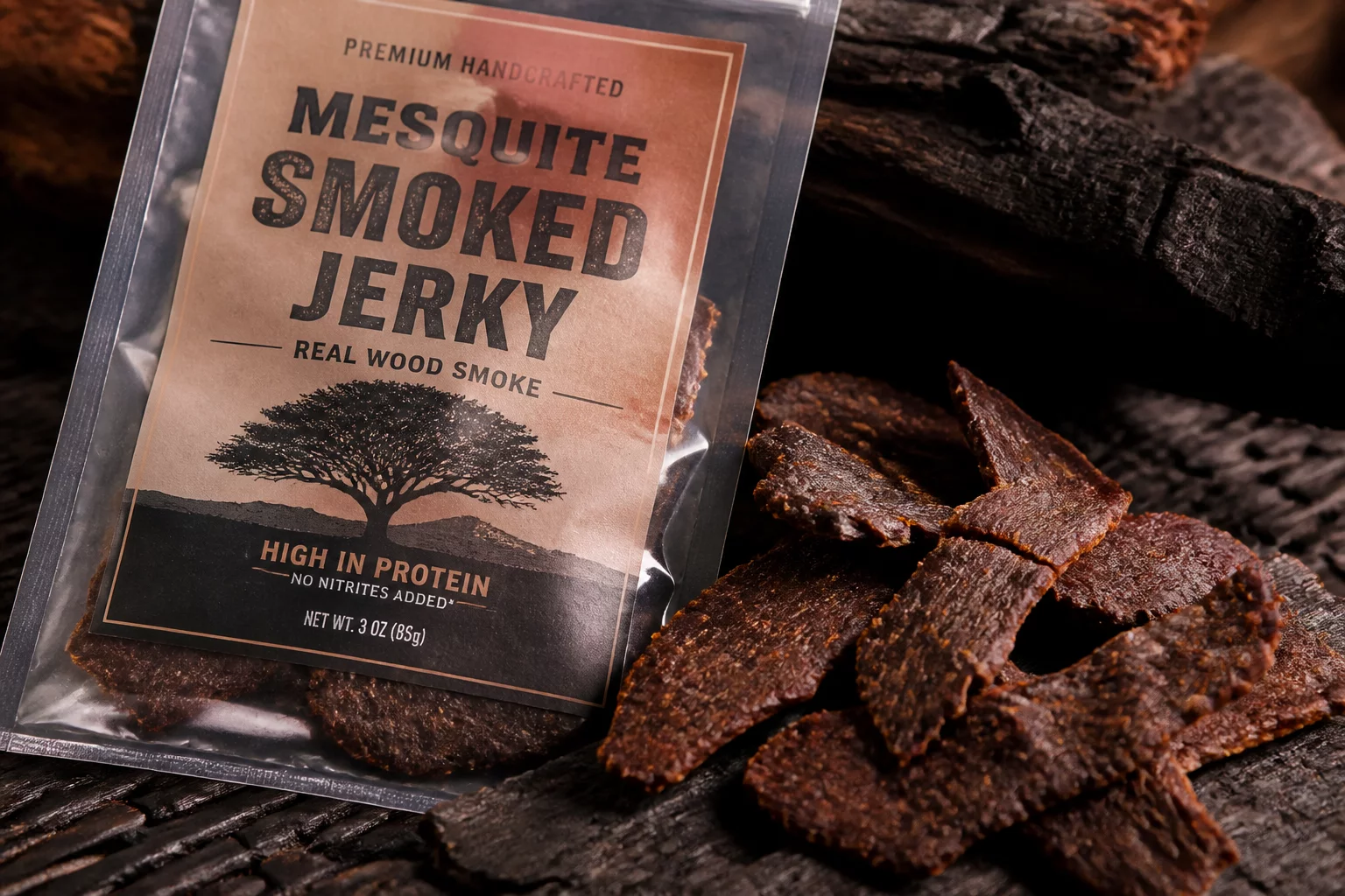 Mesquite Smoked Jerky wood-cured with Texas mesquite wood