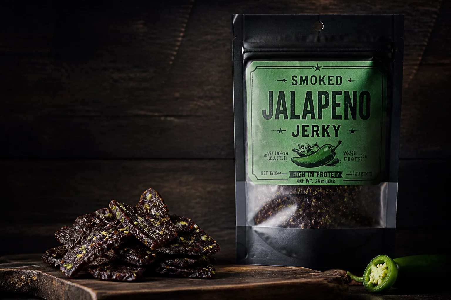 Smoked Jalapeno Jerky with zesty green pepper seasoning