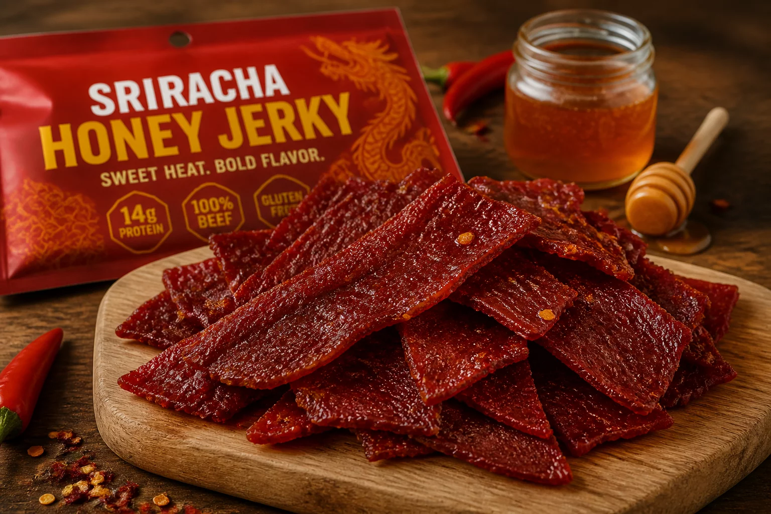 Sriracha Honey Jerky with spicy red pepper glaze and raw wildflower honey