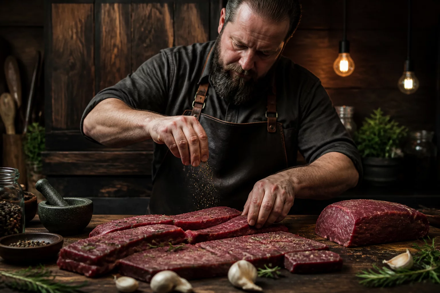 Artisanal beef jerky preparation and fresh ingredients